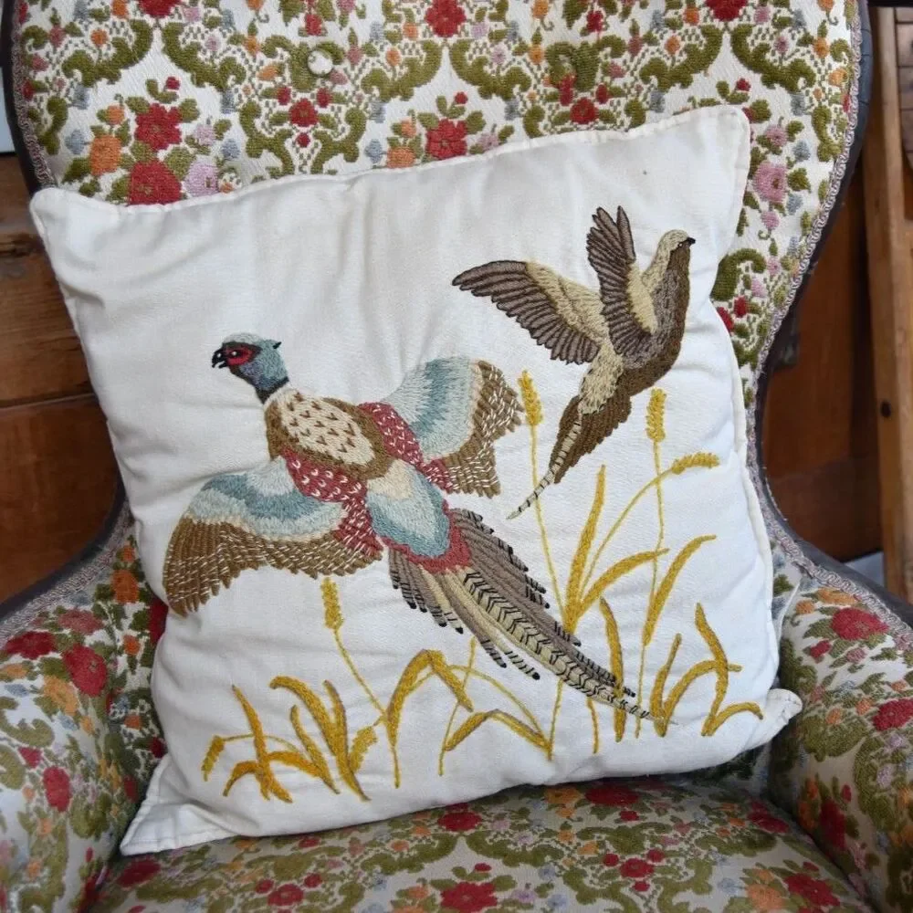 Vintage 1970s Crewel Embroidered Pheasant Pillow Cover Cabin Lodge Decor 15.5”